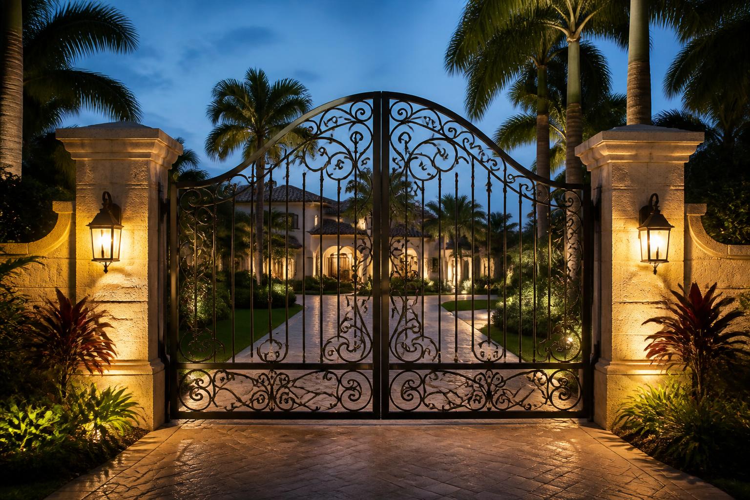 Custom wrought iron driveway gate at a Miami home entrance